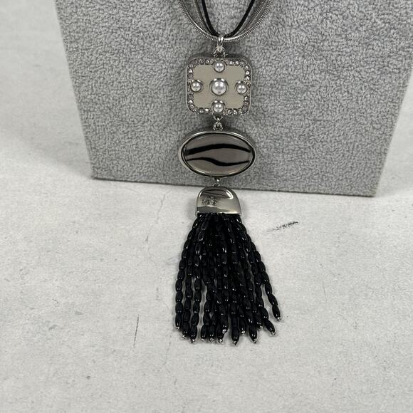 Chico's Reversible Pendant Necklace Womens Long Tassel Leopard Rhinestone Black - Picture 1 of 7